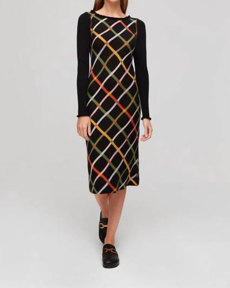 Front of a model wearing a size L Knit Dress in Black Multi in Black Multi by Aldo Martins. | dia_product_style_image_id:345331